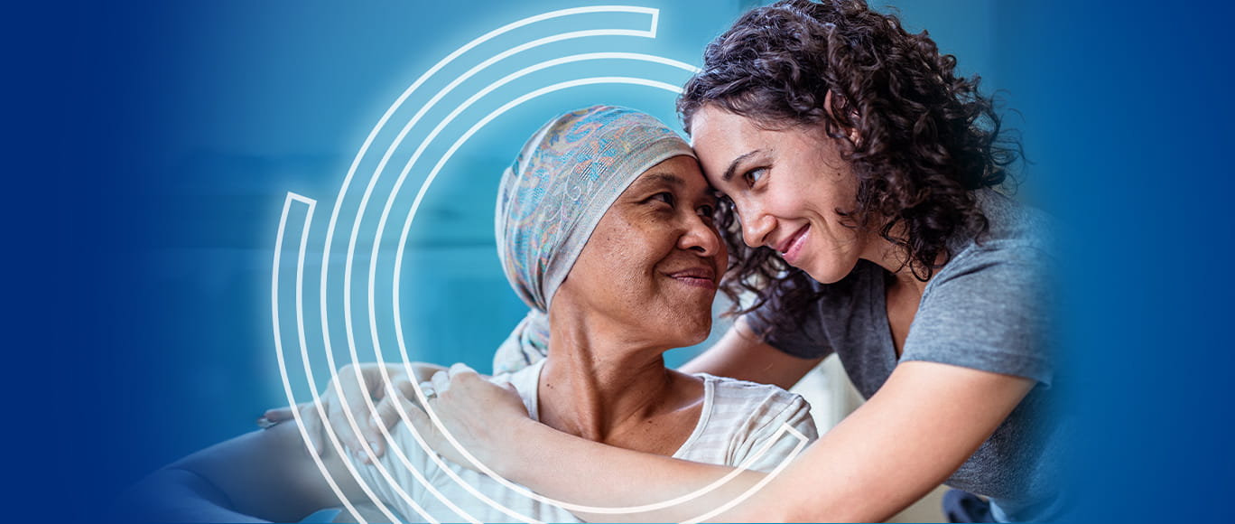 The BayCare Effect rings surrounding a patient and a loved one, representing their collaboration in an academic partnership for healthcare.