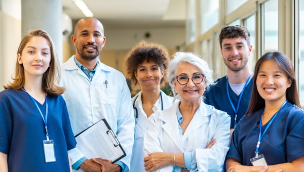 A group of medical professionals standing together smiling. 