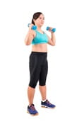 A woman is exercising with hand weights.