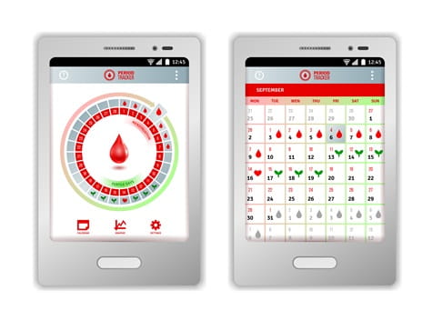 An illustration of a menstrual cycle tracking app on a phone