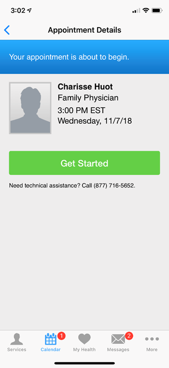 BayCareAnywhere screen for appointment details