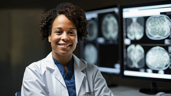 A black female doctor smiling while standing in front of medical scans of a brain in a dark room.