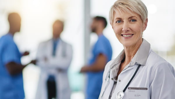 Female Doctor standing in front of other doctors smiling.