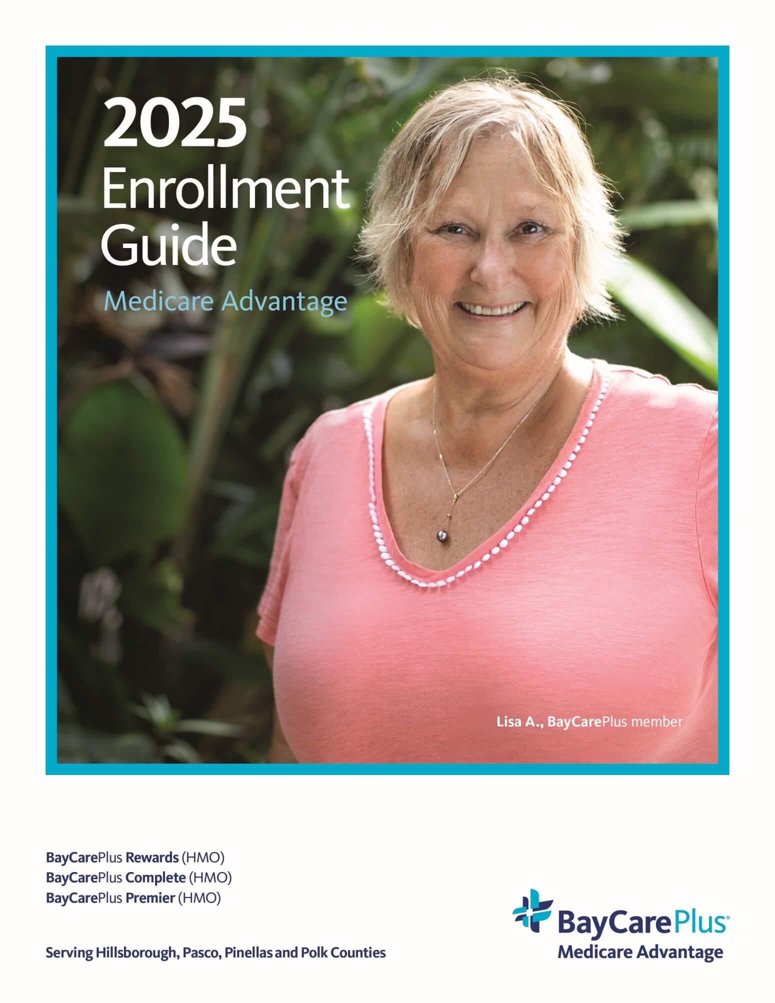 Lisa, a BayCarePlus member, poses for a photo on the cover of the 2025 enrollment guide.