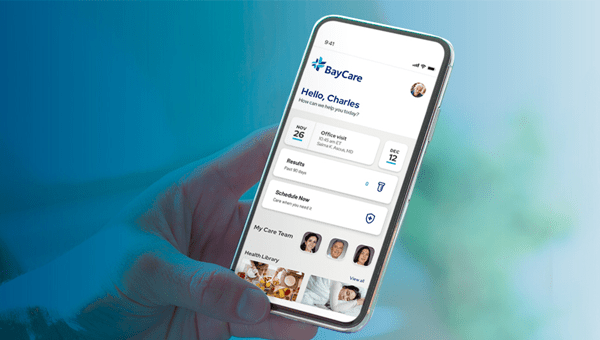 BayCare mobile app interface displayed on a smartphone, showcasing features for healthcare services at BayCare.