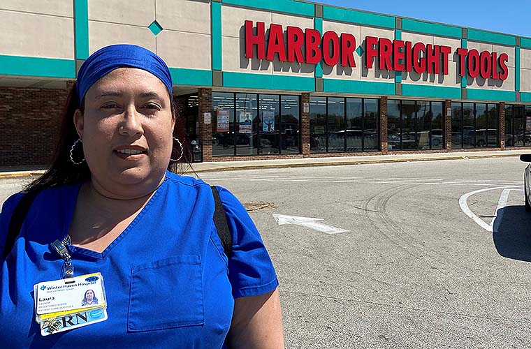 BayCare Nurse Laura Matias standing outside Harbor Freight Tools