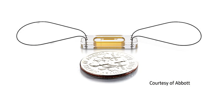 The CardioMEMS sensor is about the size of a coin or paper clip