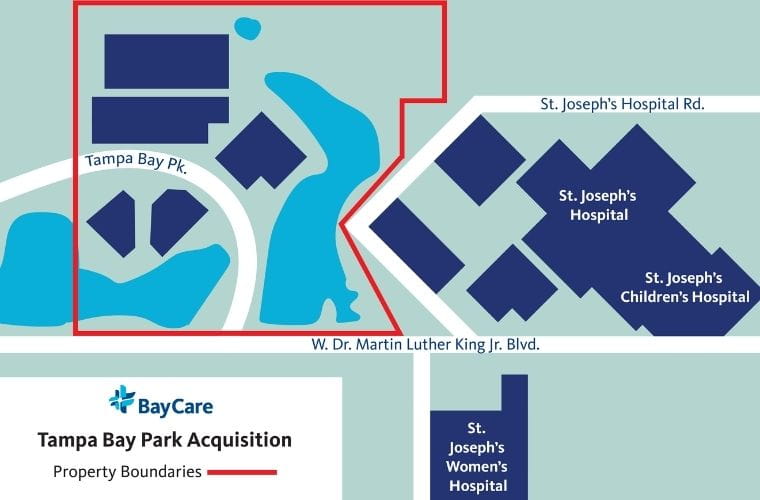 An illustrated overview of Tampa Bay Park, focusing on BayCare's recently acquired three buildings and two parking garages.