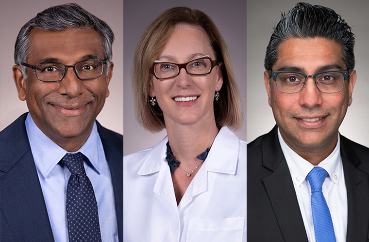 A photo headshot collage of three physicians, Dr. Anand Nayee (left), Dr. Megan Tirone (center) and Dr. Ruvan Wickramasinghe (right), all smiling and dressed in professional attire. 