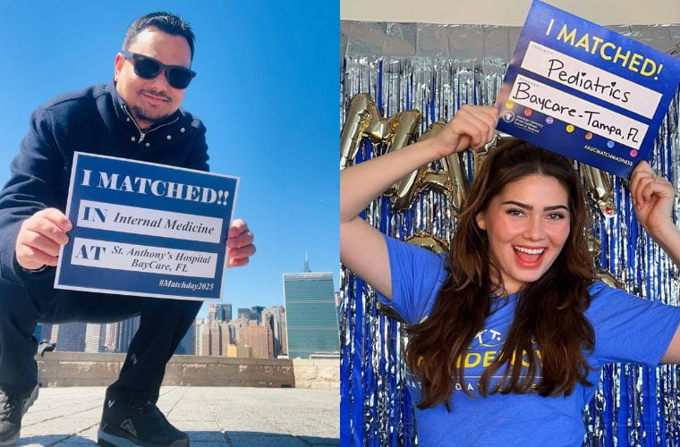 A collage of two individuals displayed side by side smiling, each holding a sign that reads "I matched."