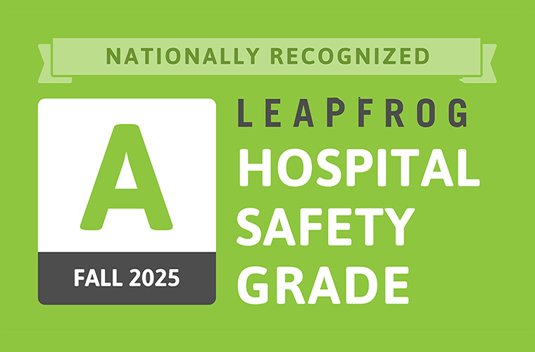 Leapfrog Hospital Safety Grade Fall A Grade logo in green, black and white.