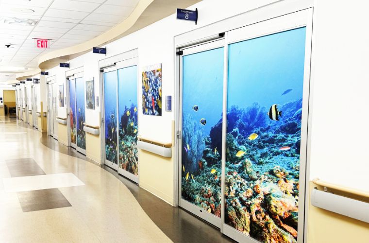 A photo of brightly designed rooms with an underwater theme in a hospital.