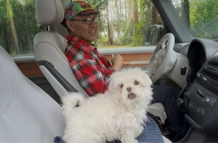 Small white dog sits beside a man in a red plaid shirt driving a car.