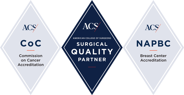 American College of Surgeons Accreditation logo: Commission on Cancer Accreditation, Surgical Quality Partner, and NAPBC Breast Center Accreditation