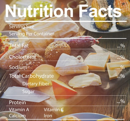 image of a nutrition label overlayed on an image of food
