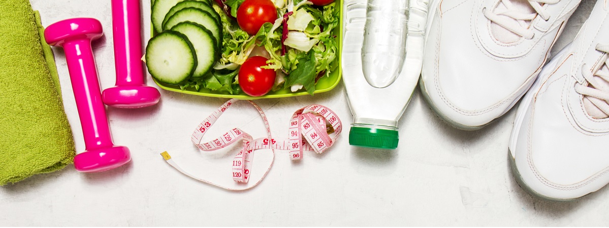 Healthy lifestyle, food, sport or athlete's equipment on bright background