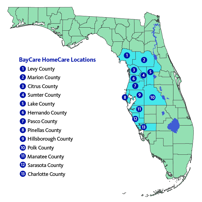 Map of Florida that indicates where our BayCare HomeCare locations are.