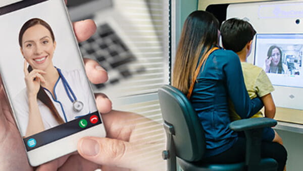 A telehealth visit on a mobile phone and a telehealth visit at a kiosk